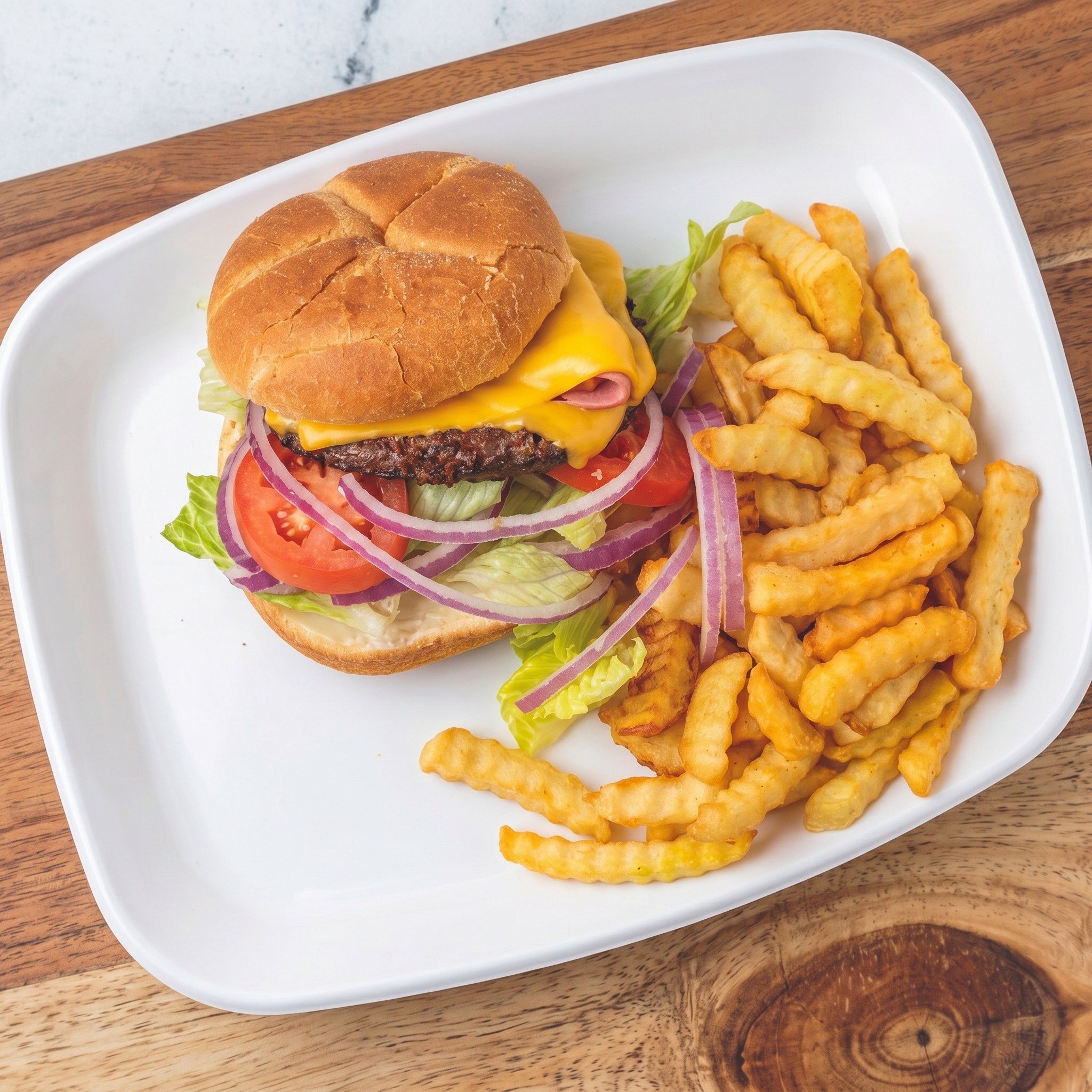 Cheeseburger with 5 Wings Fries and Small Drink.